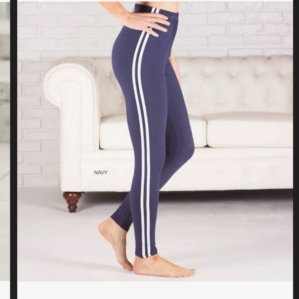 navy blue and white stripe leggings